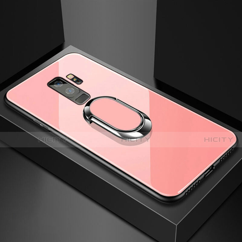 Carcasa Bumper Funda Silicona Espejo con Magnetico Anillo de dedo Soporte para Samsung Galaxy S9 Plus Oro Rosa