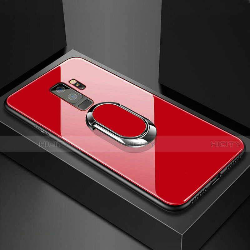 Carcasa Bumper Funda Silicona Espejo con Magnetico Anillo de dedo Soporte para Samsung Galaxy S9 Plus Rojo