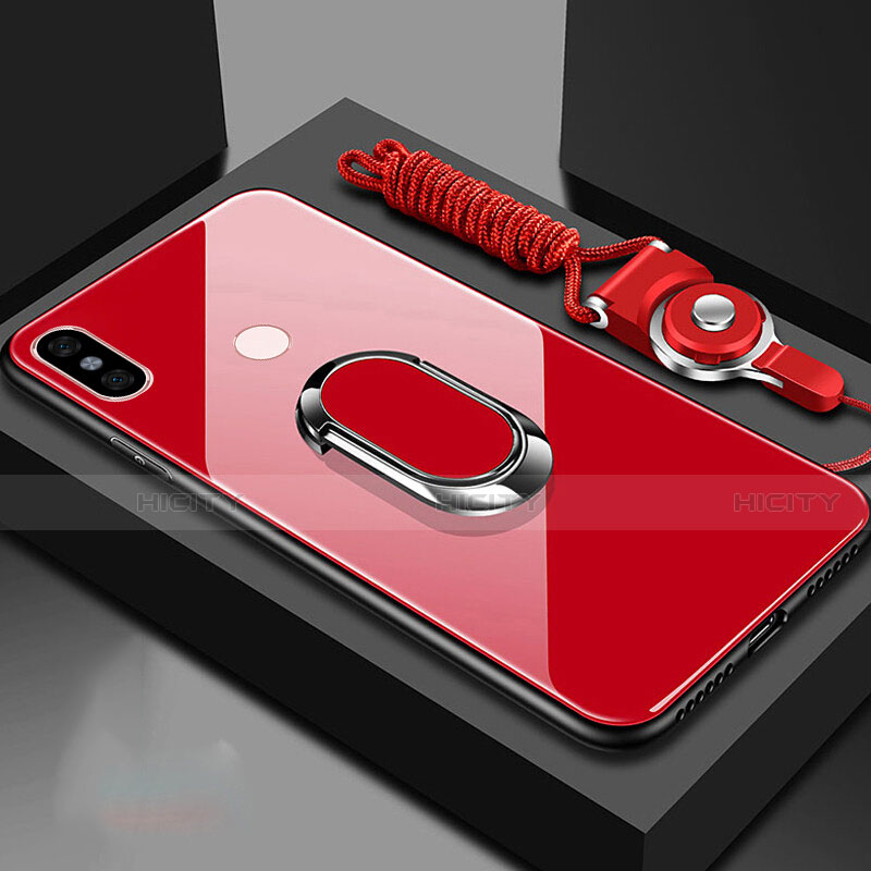 Carcasa Bumper Funda Silicona Espejo con Magnetico Anillo de dedo Soporte para Xiaomi Mi A2 Rojo