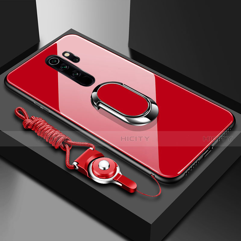 Carcasa Bumper Funda Silicona Espejo con Magnetico Anillo de dedo Soporte para Xiaomi Redmi Note 8 Pro Rojo