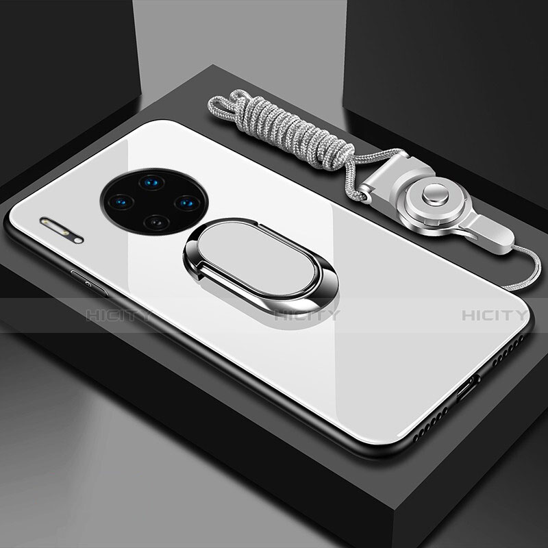 Carcasa Bumper Funda Silicona Espejo con Magnetico Anillo de dedo Soporte T01 para Huawei Mate 30 5G Blanco