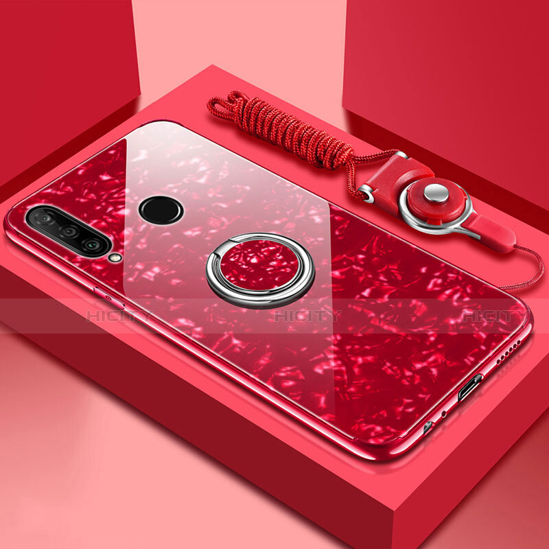 Carcasa Bumper Funda Silicona Espejo con Magnetico Anillo de dedo Soporte T01 para Huawei P30 Lite Rojo