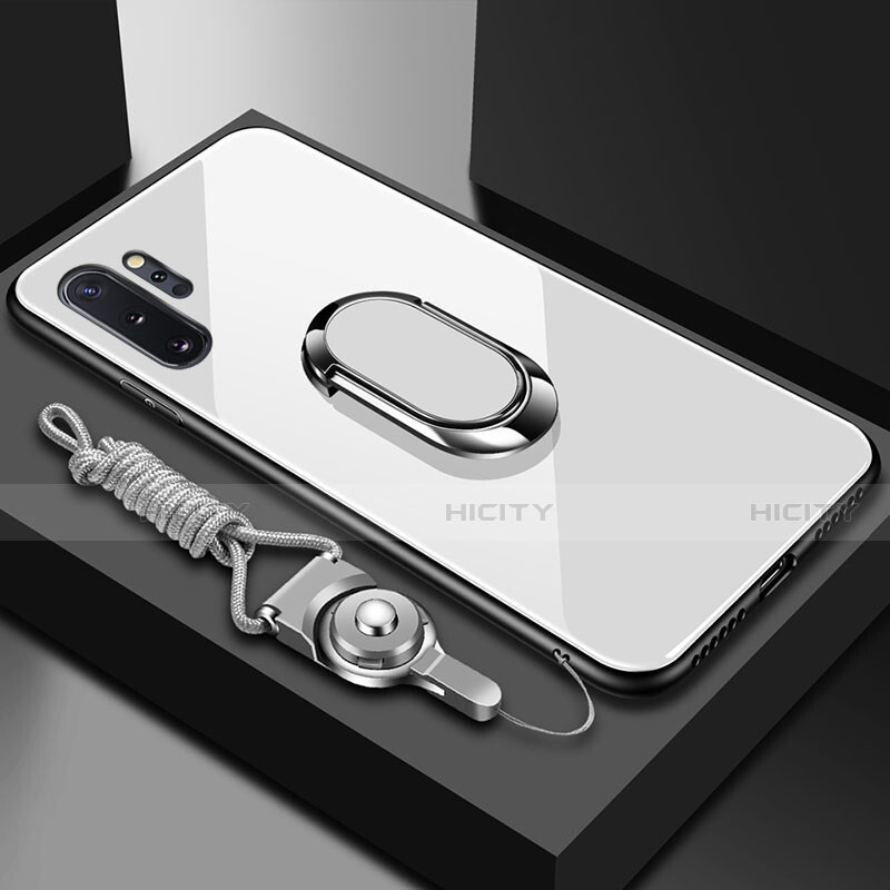 Carcasa Bumper Funda Silicona Espejo con Magnetico Anillo de dedo Soporte T01 para Samsung Galaxy Note 10 Plus 5G Blanco