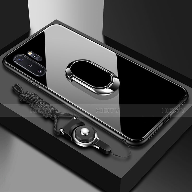 Carcasa Bumper Funda Silicona Espejo con Magnetico Anillo de dedo Soporte T01 para Samsung Galaxy Note 10 Plus 5G Negro