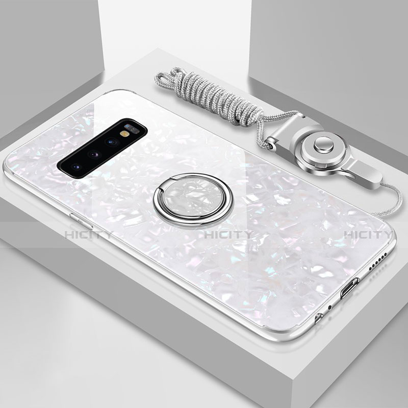 Carcasa Bumper Funda Silicona Espejo con Magnetico Anillo de dedo Soporte T01 para Samsung Galaxy S10 Blanco