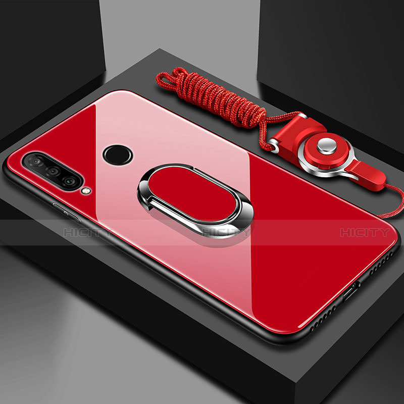 Carcasa Bumper Funda Silicona Espejo con Magnetico Anillo de dedo Soporte T02 para Huawei Honor 20i Rojo