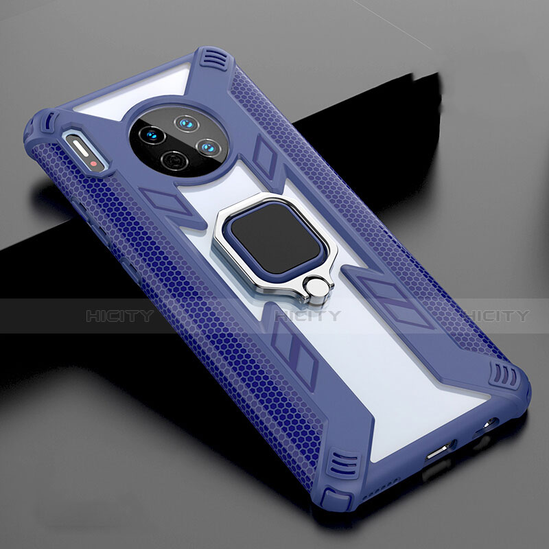 Carcasa Bumper Funda Silicona Espejo con Magnetico Anillo de dedo Soporte T02 para Huawei Mate 30 5G Azul