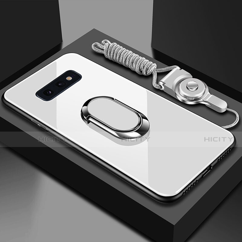 Carcasa Bumper Funda Silicona Espejo con Magnetico Anillo de dedo Soporte T02 para Samsung Galaxy S10e Blanco