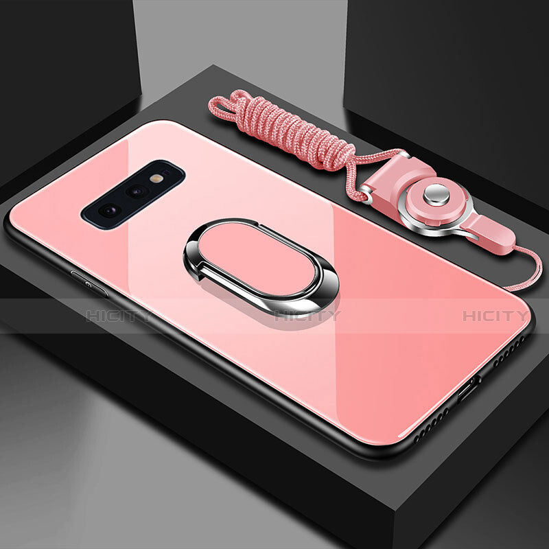 Carcasa Bumper Funda Silicona Espejo con Magnetico Anillo de dedo Soporte T02 para Samsung Galaxy S10e Oro Rosa