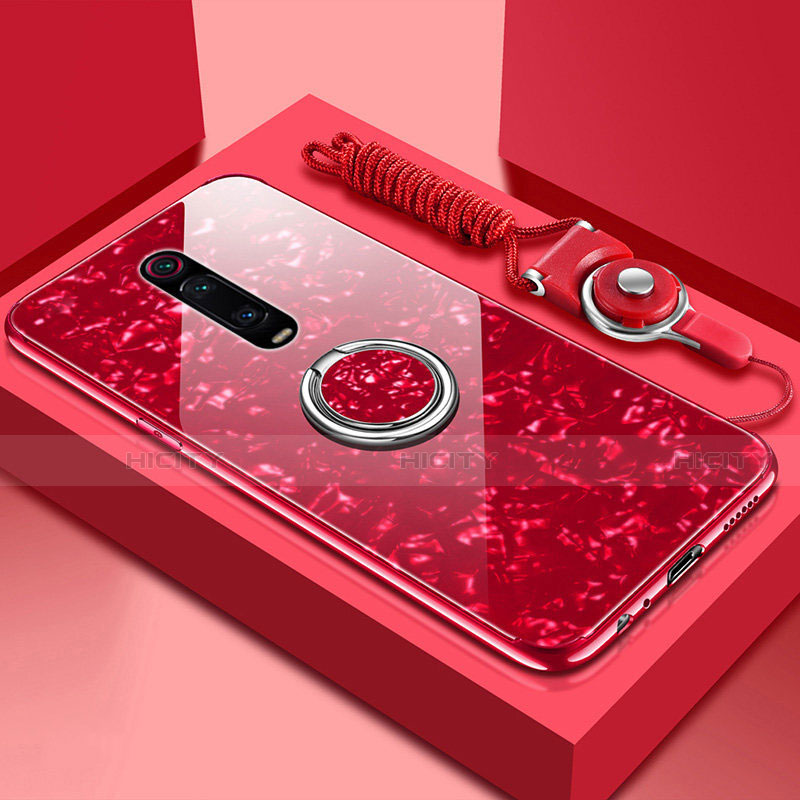 Carcasa Bumper Funda Silicona Espejo con Magnetico Anillo de dedo Soporte T02 para Xiaomi Mi 9T Rojo