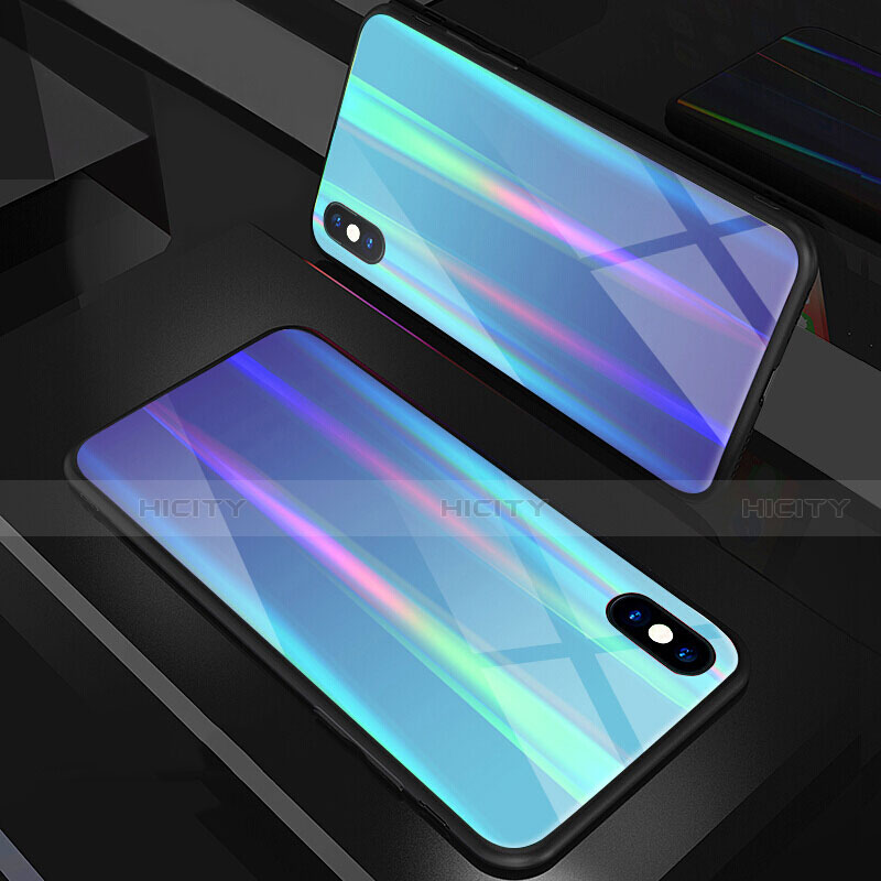 Carcasa Bumper Funda Silicona Espejo Gradiente Arco iris A01 para Apple iPhone X Azul