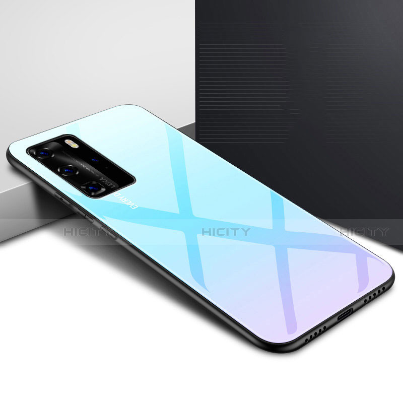 Carcasa Bumper Funda Silicona Espejo Gradiente Arco iris H01 para Huawei P40 Pro Azul Cielo