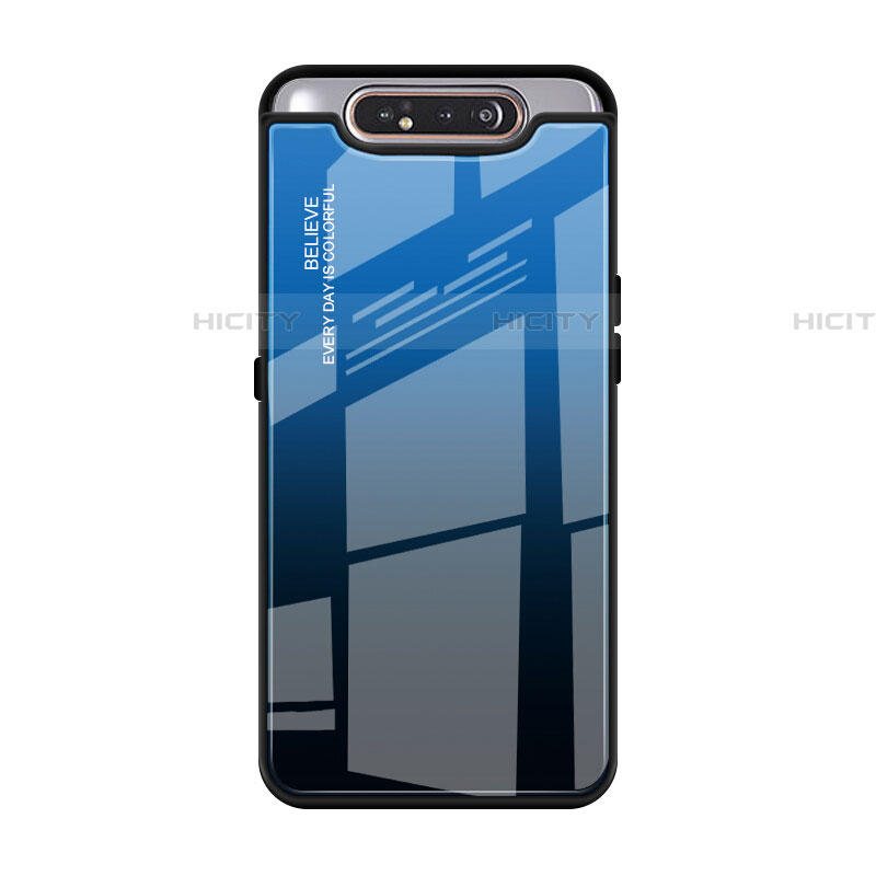 Carcasa Bumper Funda Silicona Espejo Gradiente Arco iris H01 para Samsung Galaxy A80 Azul