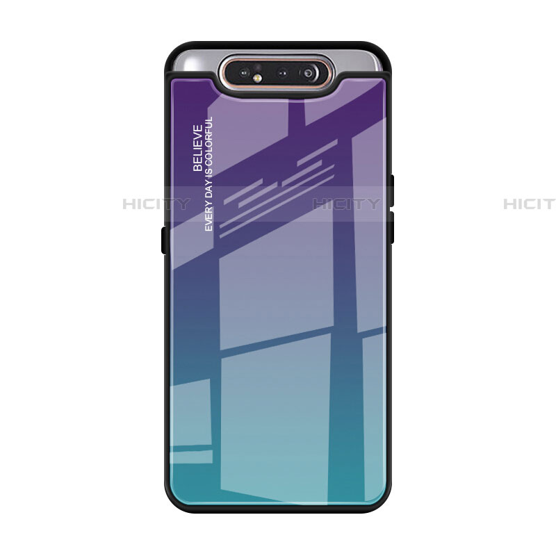 Carcasa Bumper Funda Silicona Espejo Gradiente Arco iris H01 para Samsung Galaxy A80 Cian