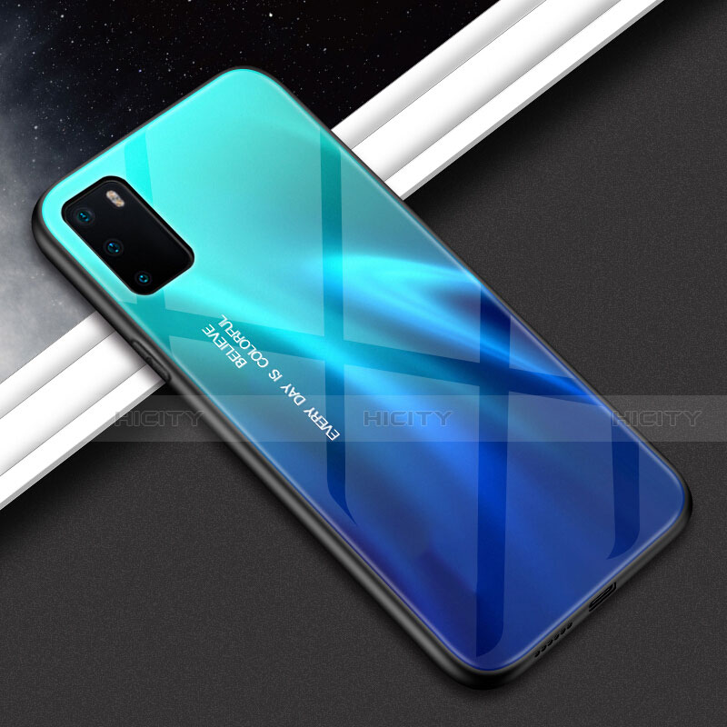Carcasa Bumper Funda Silicona Espejo Gradiente Arco iris H02 para Huawei Honor View 30 5G Azul Cielo