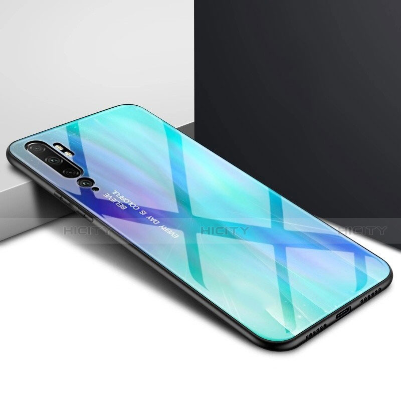 Carcasa Bumper Funda Silicona Espejo Gradiente Arco iris H02 para Xiaomi Mi Note 10 Cian