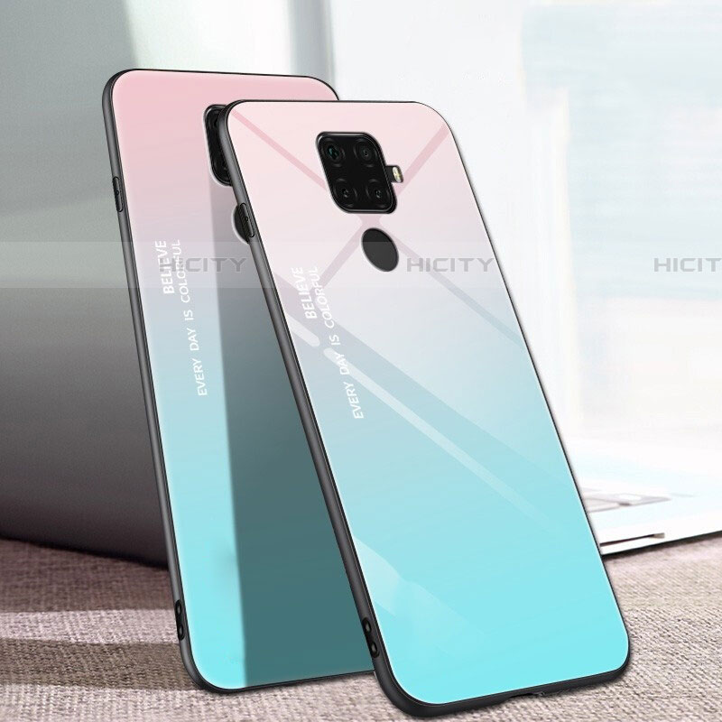 Carcasa Bumper Funda Silicona Espejo Gradiente Arco iris para Huawei Nova 5i Pro Cian