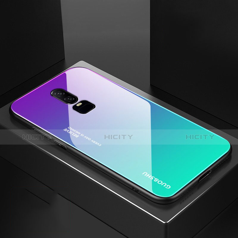 Carcasa Bumper Funda Silicona Espejo Gradiente Arco iris para OnePlus 6 Cian