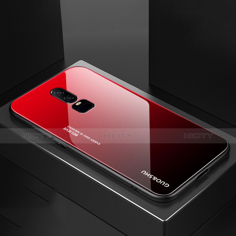 Carcasa Bumper Funda Silicona Espejo Gradiente Arco iris para OnePlus 6 Rojo