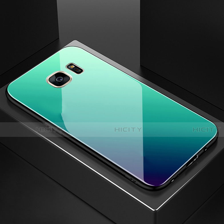 Carcasa Bumper Funda Silicona Espejo Gradiente Arco iris para Samsung Galaxy S7 Edge G935F Cian