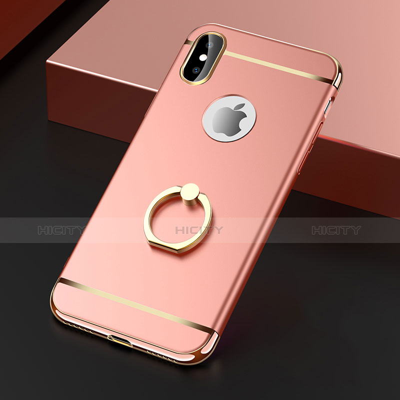 Carcasa Bumper Lujo Marco de Metal y Plastico con Anillo de dedo Soporte F02 para Apple iPhone X Oro Rosa