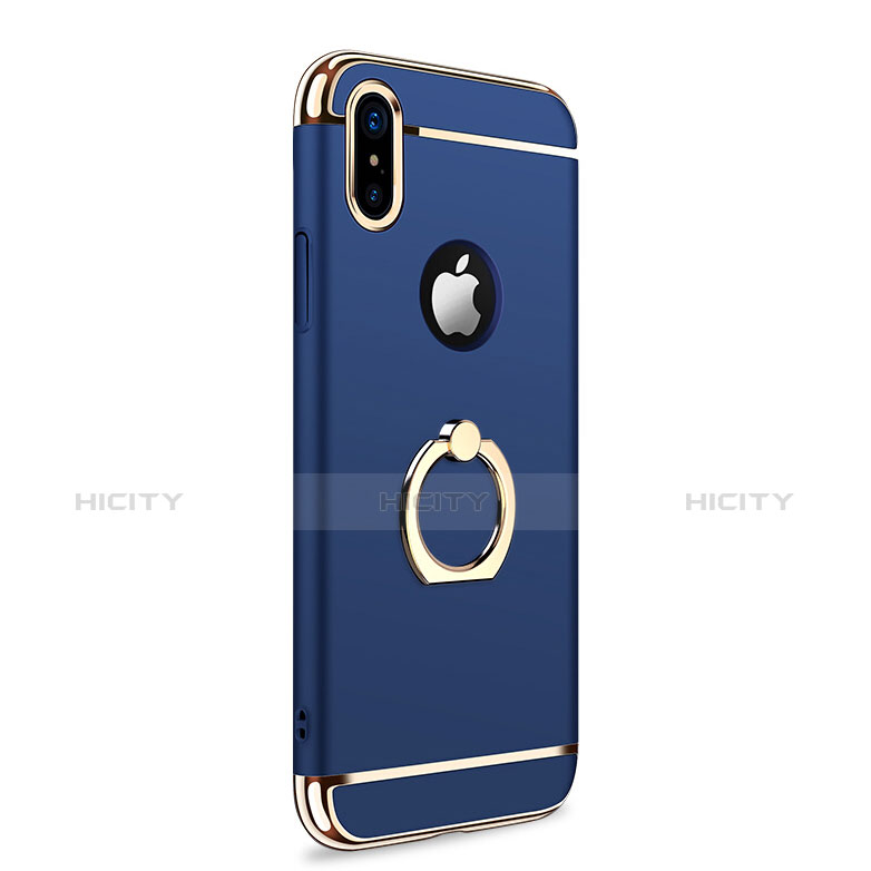 Carcasa Bumper Lujo Marco de Metal y Plastico con Anillo de dedo Soporte F02 para Apple iPhone Xs Max Azul