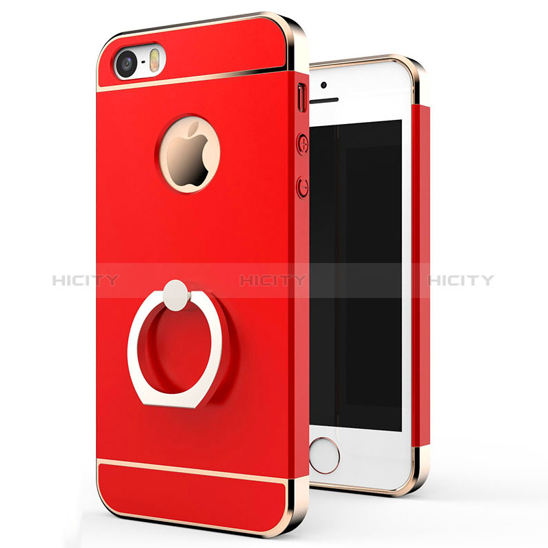 Carcasa Bumper Lujo Marco de Metal y Plastico con Anillo de dedo Soporte para Apple iPhone SE Rojo