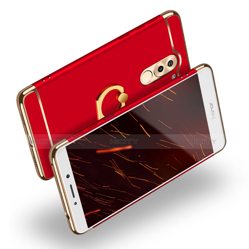 Carcasa Bumper Lujo Marco de Metal y Plastico con Anillo de dedo Soporte para Huawei Honor 6X Pro Rojo