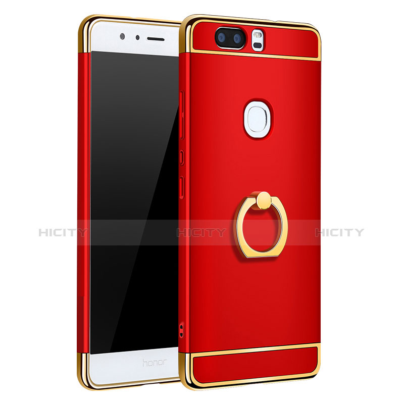 Carcasa Bumper Lujo Marco de Metal y Plastico con Anillo de dedo Soporte para Huawei Honor V8 Rojo