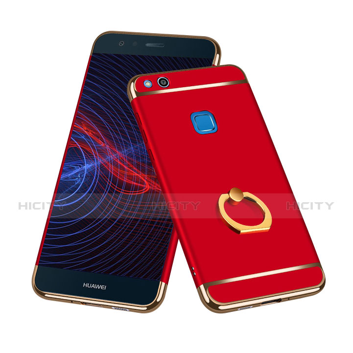 Carcasa Bumper Lujo Marco de Metal y Plastico con Anillo de dedo Soporte para Huawei Nova Lite Rojo
