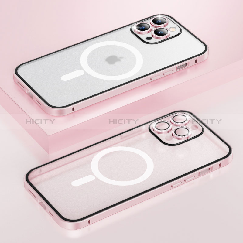 Carcasa Bumper Lujo Marco de Metal y Plastico Funda con Mag-Safe Magnetic Bling-Bling LF1 para Apple iPhone 13 Pro Max Oro Rosa