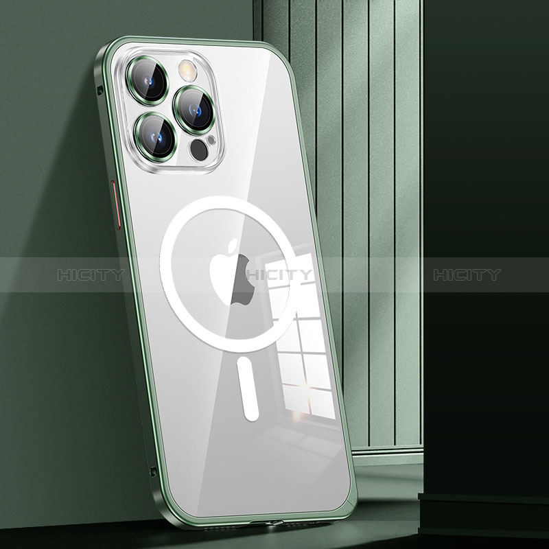 Carcasa Bumper Lujo Marco de Metal y Plastico Funda con Mag-Safe Magnetic JL1 para Apple iPhone 13 Pro Max Verde