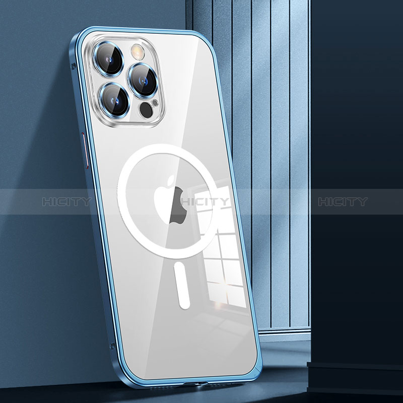 Carcasa Bumper Lujo Marco de Metal y Plastico Funda con Mag-Safe Magnetic JL1 para Apple iPhone 14 Pro Azul