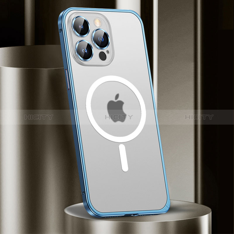 Carcasa Bumper Lujo Marco de Metal y Plastico Funda con Mag-Safe Magnetic JL2 para Apple iPhone 13 Pro Azul