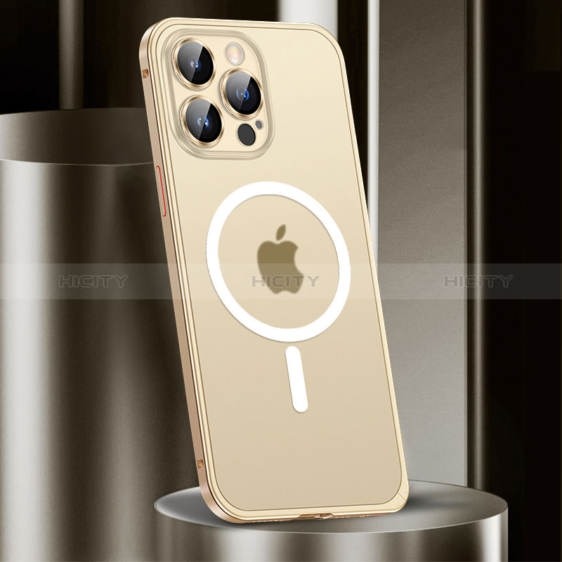 Carcasa Bumper Lujo Marco de Metal y Plastico Funda con Mag-Safe Magnetic JL2 para Apple iPhone 13 Pro Max Oro