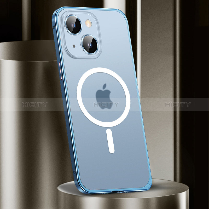 Carcasa Bumper Lujo Marco de Metal y Plastico Funda con Mag-Safe Magnetic JL2 para Apple iPhone 14 Plus Azul