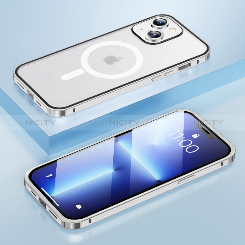Carcasa Bumper Lujo Marco de Metal y Plastico Funda con Mag-Safe Magnetic LF1 para Apple iPhone 14 Plata