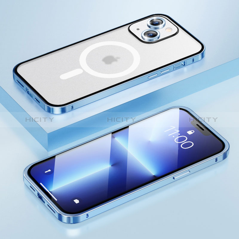 Carcasa Bumper Lujo Marco de Metal y Plastico Funda con Mag-Safe Magnetic LF1 para Apple iPhone 14 Plus Azul