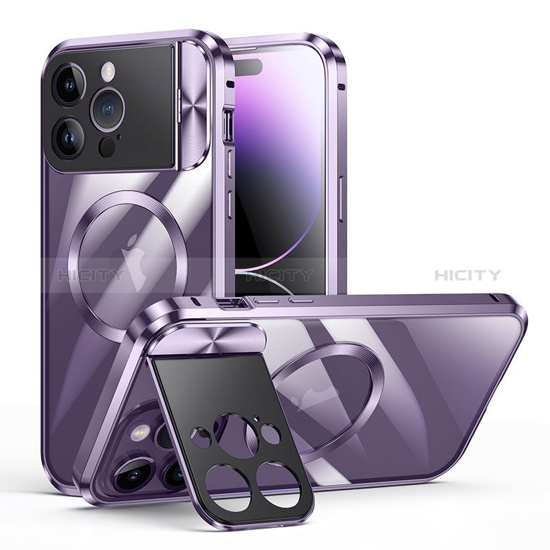 Carcasa Bumper Lujo Marco de Metal y Plastico Funda con Mag-Safe Magnetic LK4 para Apple iPhone 13 Pro Max Morado