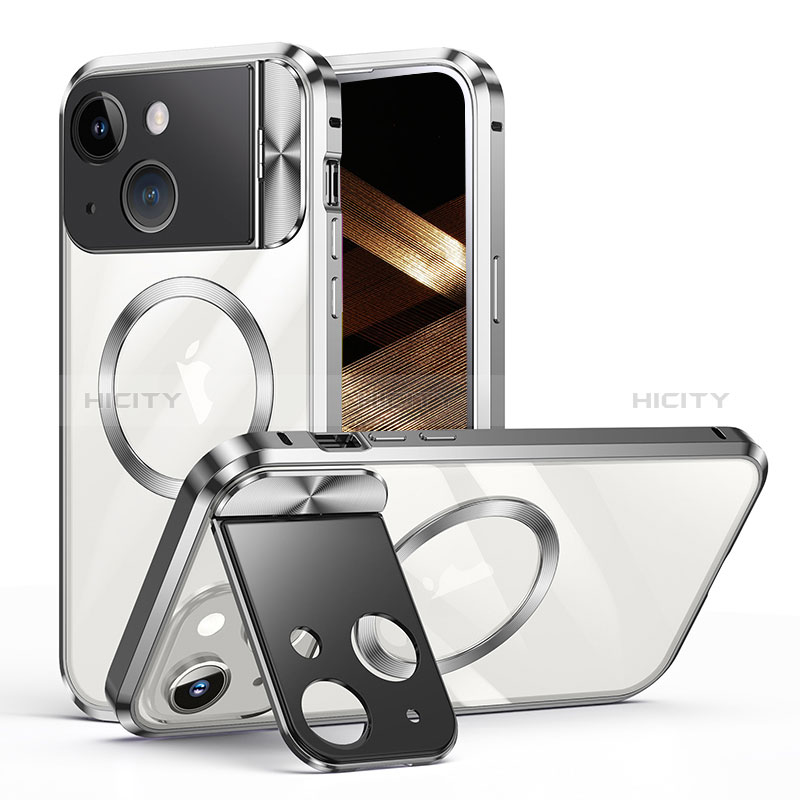 Carcasa Bumper Lujo Marco de Metal y Plastico Funda con Mag-Safe Magnetic LK4 para Apple iPhone 14 Plus Plata