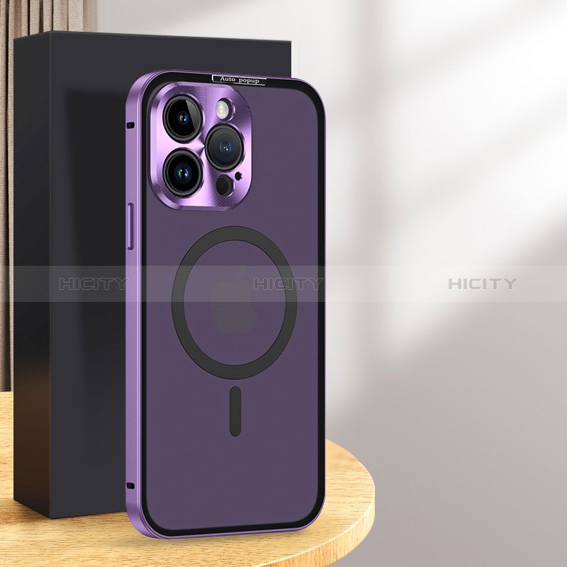 Carcasa Bumper Lujo Marco de Metal y Plastico Funda con Mag-Safe Magnetic LK5 para Apple iPhone 14 Pro Max Morado