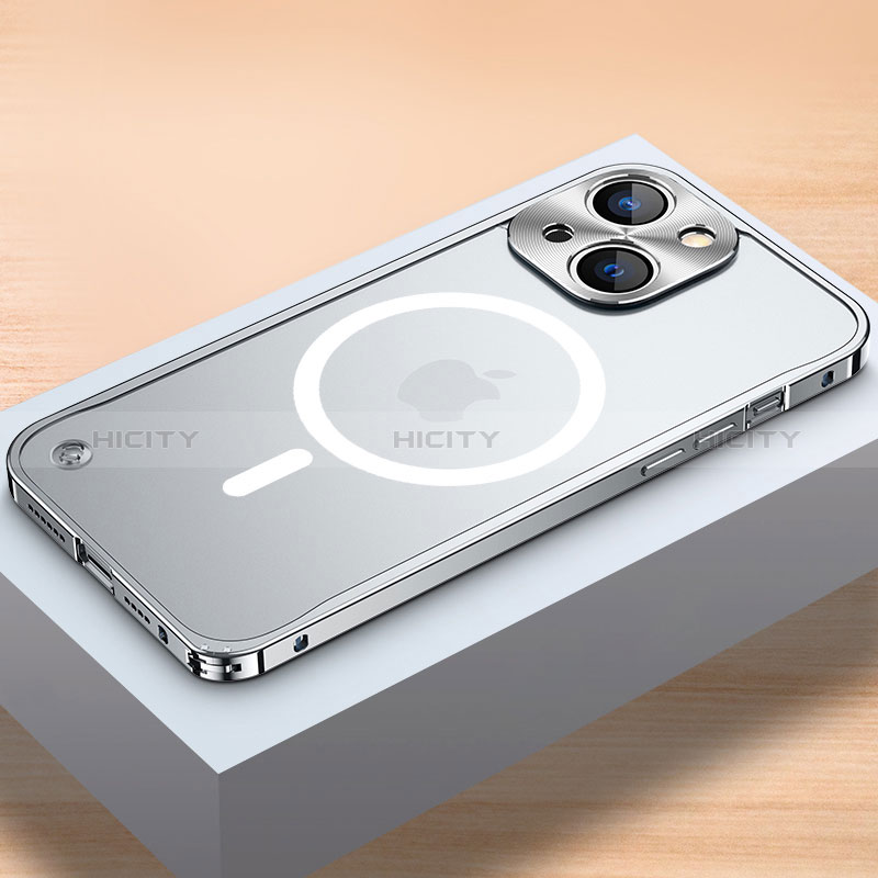 Carcasa Bumper Lujo Marco de Metal y Plastico Funda con Mag-Safe Magnetic QC1 para Apple iPhone 13 Plata