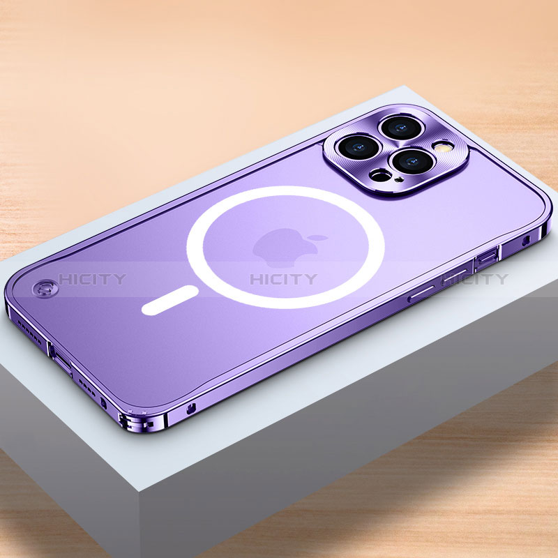 Carcasa Bumper Lujo Marco de Metal y Plastico Funda con Mag-Safe Magnetic QC1 para Apple iPhone 13 Pro Morado