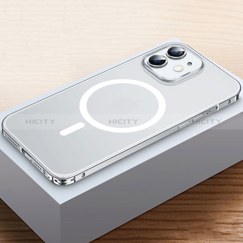 Carcasa Bumper Lujo Marco de Metal y Plastico Funda con Mag-Safe Magnetic QC2 para Apple iPhone 12 Mini Plata