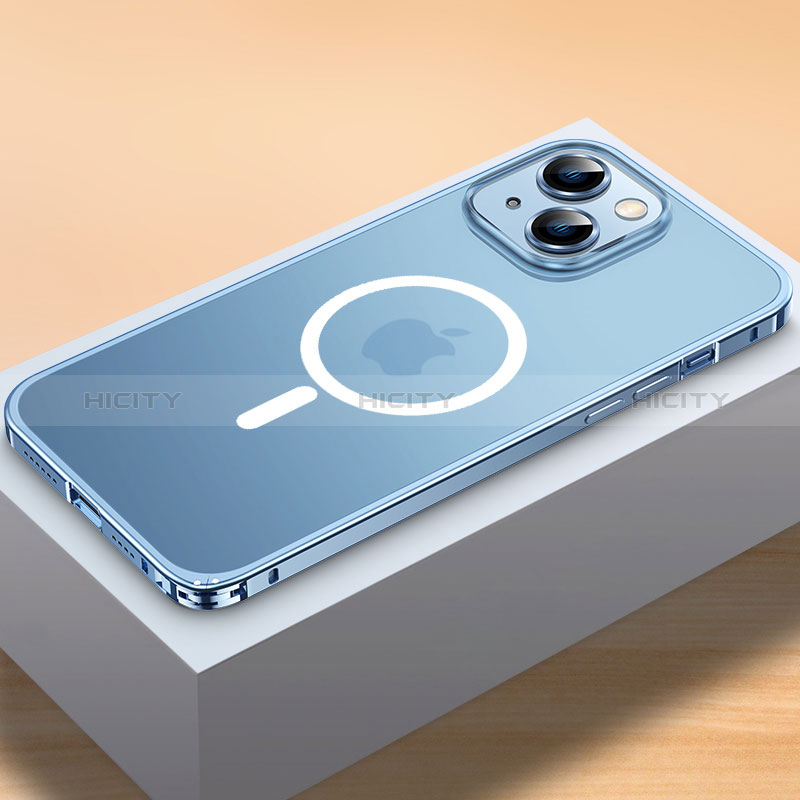 Carcasa Bumper Lujo Marco de Metal y Plastico Funda con Mag-Safe Magnetic QC2 para Apple iPhone 13 Azul