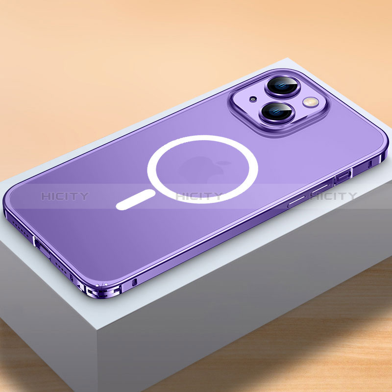 Carcasa Bumper Lujo Marco de Metal y Plastico Funda con Mag-Safe Magnetic QC2 para Apple iPhone 13 Mini Morado