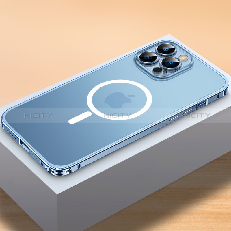 Carcasa Bumper Lujo Marco de Metal y Plastico Funda con Mag-Safe Magnetic QC2 para Apple iPhone 13 Pro Max Azul