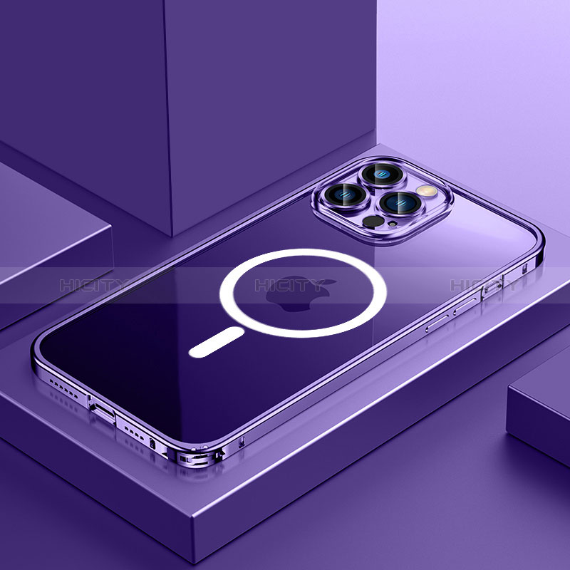 Carcasa Bumper Lujo Marco de Metal y Plastico Funda con Mag-Safe Magnetic QC3 para Apple iPhone 12 Pro Morado