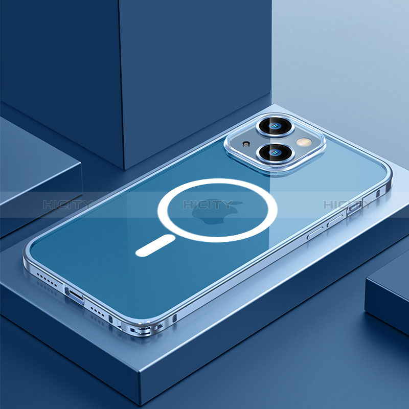 Carcasa Bumper Lujo Marco de Metal y Plastico Funda con Mag-Safe Magnetic QC3 para Apple iPhone 13 Mini Azul