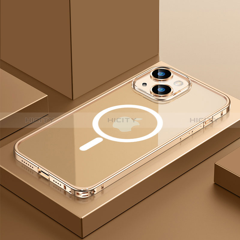 Carcasa Bumper Lujo Marco de Metal y Plastico Funda con Mag-Safe Magnetic QC3 para Apple iPhone 13 Mini Oro